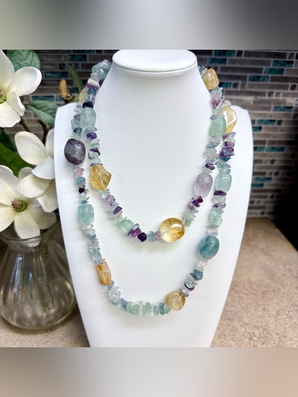 Vintage Multi-Strand Fluorite & Citrine Nugget Bead Statement Necklace Boho
